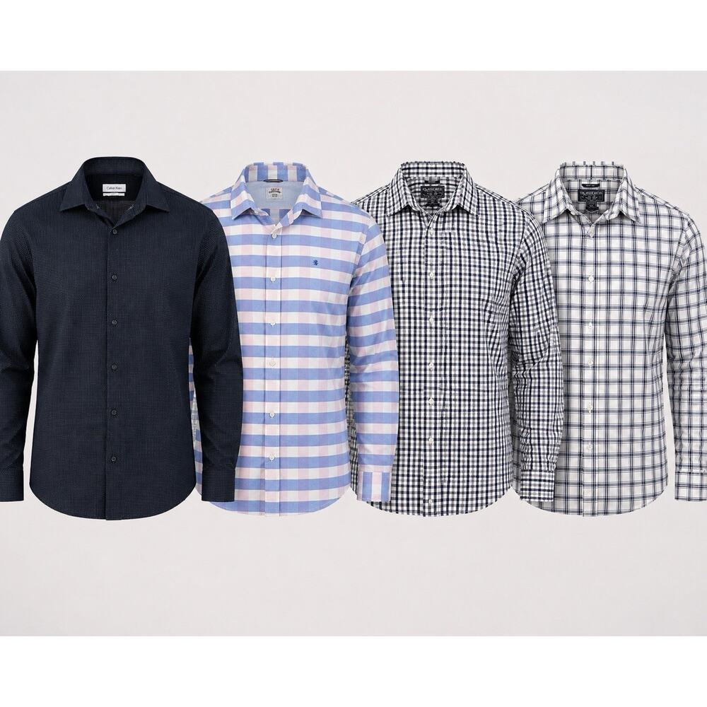 Lot 4 Mens Medium Button Up Dress Shirts Calvin Klein Izod Plaid Long Sleeve
